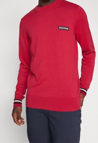 Pull en maille rouge à manches longues, col rond, avec un patch logo noir "HILFIGER" sur la poitrine. Comprend des poignets côtelés à rayures.