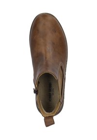 Braune Leder-Ankle-Boots mit elastischen Seitenpanelen, runder Spitze, Zuglasche und eingeprägtem Logo im Inneren. Glatte Textur mit leichtem Glanz.