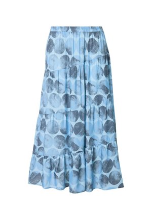 Blue skirt with a tiered design, featuring large, circular black and light blue patterns, and an elastic waistband for comfort.