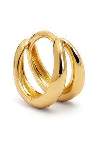 Gouden hoepeloorknoppen met een glad, rond ontwerp. Heeft een gepolijste afwerking en een ingeweven vorm voor een moderne uitstraling.