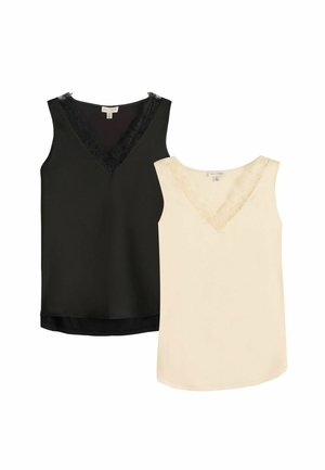Deux hauts sans manches à col en V avec bordure en dentelle, un noir et un beige, présentés côte à côte sur un fond blanc.