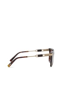 Lunettes de soleil écaille avec verres foncés et branches en métal doré présentant des découpes et des accents noirs.