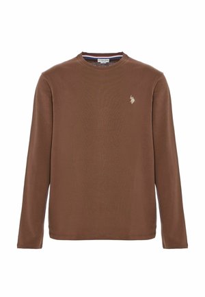 Maglietta a maniche lunghe marrone realizzata in cotone morbido, con scollo rotondo e un piccolo logo ricamato sul lato sinistro del petto.