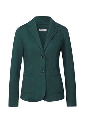 Blazer vert avec un col cranté, deux poches avant et une fermeture à un bouton. Le tissu semble lisse avec un léger stretch.