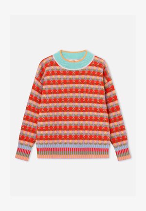 Fargerik strikkegenser med rødt, lilla og gult blomsterdesign, lys blå ribbestrikket halslinning og stripete ribbestrikkede mansjetter og kant i pastelltoner.