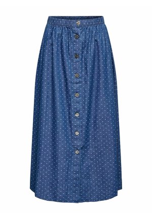 Denim midi-skjørt med elastisk midje, knappestolpe foran og hvite prikker på blå bakgrunn. Glatt tekstur og rett snitt.