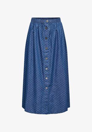 Denim midi-skjørt med elastisk midje, knappestolpe foran og hvite prikker på blå bakgrunn. Glatt tekstur og rett snitt.
