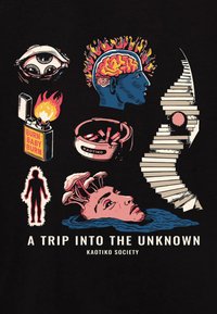 El fondo negro presenta una mezcla de ilustraciones coloridas: un cerebro, setas, un encendedor y una escalera, con el texto "Un Viaje al Desconocido."