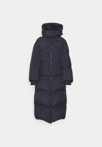 Langer dunkelblauer Steppmantel mit weiten Ärmeln, Kapuze und vorderem Reißverschluss. Verfügt über gesteppte Partien zur Isolierung und einen geraden Saum.