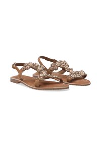 Bruine platte sandalen met decoratieve parelachtige accenten en een gestructureerde voetbed. Verstelbare enkelband en open teen ontwerp.