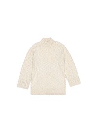 Sweter z wysokim kołnierzem w kolorze kremowym, wzorzony w warkocz, z wielokolorowymi plamkami. Posiada długie rękawy oraz ściągacze przy mankietach i u dołu. Miękka tekstura, luźny krój.