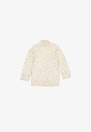 Sweter z wysokim kołnierzem w kolorze kremowym, wzorzony w warkocz, z wielokolorowymi plamkami. Posiada długie rękawy oraz ściągacze przy mankietach i u dołu. Miękka tekstura, luźny krój.