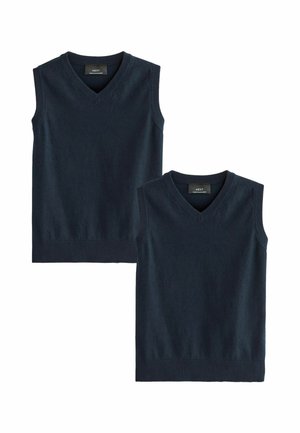 To mørkeblå ærmeløse strikkede V-hals sweatre lagt fladt, den ene lidt bag og over den anden, der viser fronten.