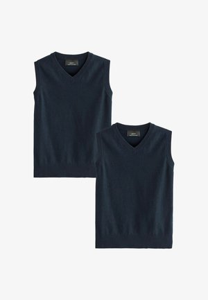 Zwei dunkelblaue ärmellose gestrickte V-Ausschnitt-Pullover flach liegend, einer leicht hinter und über dem anderen, Vorderansicht zeigend.