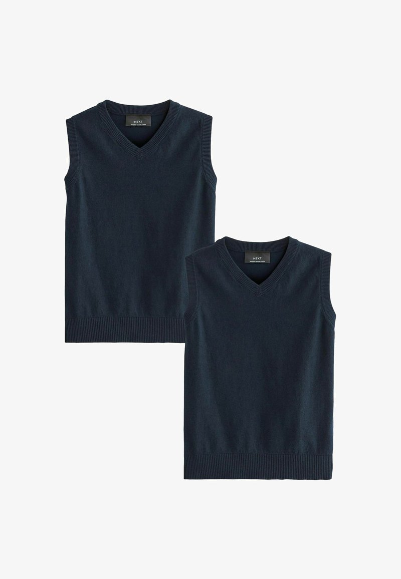 Deux pulls sans manches en tricot bleu foncé à col en V posés à plat, l'un légèrement derrière et au-dessus de l'autre, vue de face.