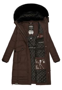 Brown padded coat with a removable fur-lined hood, zip and button closures, front pockets, and detailed inner pockets with graphics.
