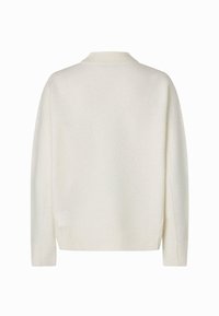 Maglione lavorato a maglia color crema con colletto e polsini a coste, caratterizzato da una vestibilità comoda e una consistenza morbida. Vista posteriore mostrata.