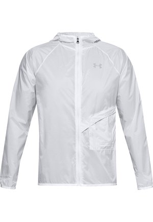 Weiße, leichte Kapuzenjacke mit durchgehendem Reißverschluss, langen Ärmeln, Under Armour-Logo auf der Brust und einer Reißverschlusstasche unten rechts.