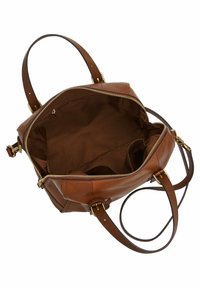 Sac à main en cuir marron avec doubles anses, fermeture éclair, et un intérieur spacieux. L'intérieur comprend une poche et un revêtement en tissu doux.