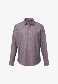 Camisa de hombre de manga larga en un tejido ligero y tejido que presenta rayas verticales en azul, rojo y gris. Cuello abotonado con botones en el frente.