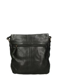 Borsa a tracolla nera in pelle con superficie texturizzata, patta pieghevole, tasca frontale con zip e tracolla regolabile.