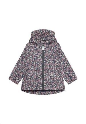 Giacca impermeabile con stampa floreale in rosa, bianco e blu, dotata di zip frontale, cappuccio e polsini elasticizzati.