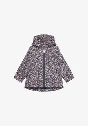 Water-resistant jacket with a floral print in pink, white, and blue, featuring a zip front, hood, and elastic cuffs.