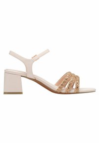 Beige Absatzsandalen mit Blockabsatz, ausgestattet mit breiten Riemen, die mit goldenen Pailletten verziert sind. Aus glattem Leder, offenes Schuhdesign.