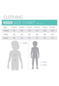 Tableau des tailles pour enfants affichant les mesures de la hauteur, de la poitrine et de la taille en centimètres. Organisé par âge de 3 à 8 ans, avec des silhouettes en contour.