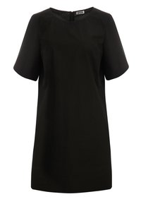 Schwarzes kurzes Kleid mit kurzen Ärmeln und Rundhalsausschnitt sowie einem verdeckten Reißverschluss auf der Rückseite. Hergestellt aus glattem Stoff mit einem schlichten, geraden Schnitt.