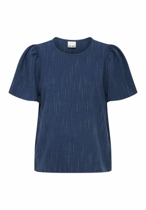 Marineblauwe top met korte mouwen in een textuurstof met subtiele verticale strepen en poffende mouwen. Ronde halslijn en een ontspannen pasvorm.