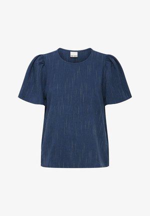 Navy blue short-sleeve top in textured fabric with subtle vertical stripes and puffed sleeves. Round neckline and relaxed fit.