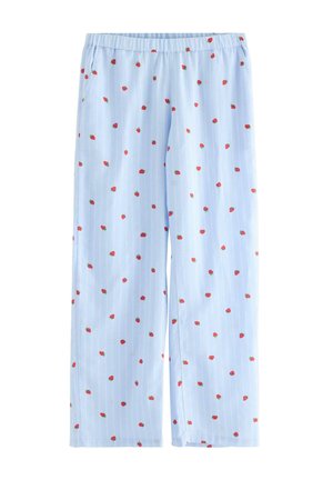 Light blue pajama pants with vertical white stripes, featuring scattered red strawberry patterns and an elastic waistband.
