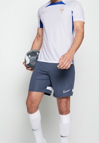 Camiseta atlética blanca y azul con mangas cortas, que presenta un emblema dorado y el logo de Nike. Combinada con pantalones cortos gris oscuro y calcetines blancos.