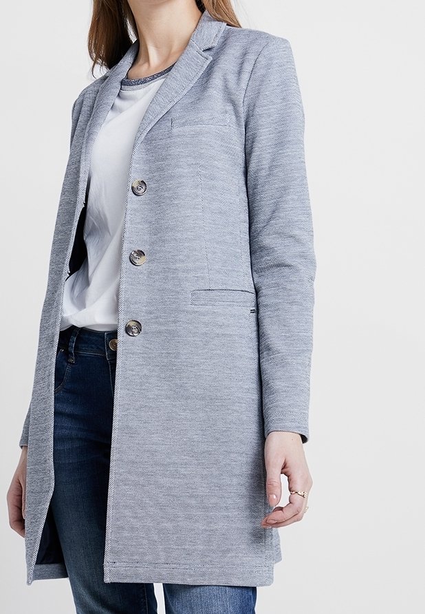Veste blazer gris clair avec un tissu texturé, un col cranté, cinq boutons et deux poches avant, associée à une chemise blanche et un jean bleu.
