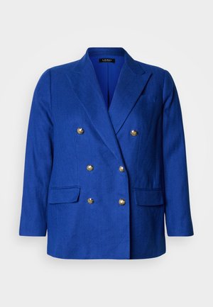 Blue double-breasted blazer made of herringbone fabric, featuring gold-tone buttons, notched lapels, and two front pockets.
