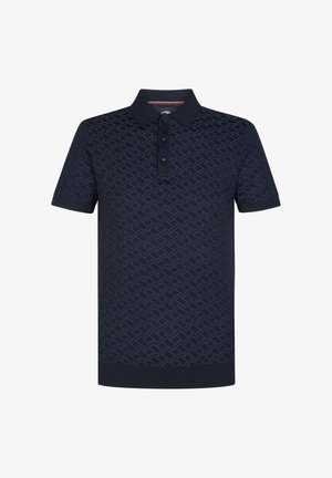 Marineblaues Poloshirt mit strukturiertem geometrischem Muster, Drei-Knopf-Leiste sowie Rippkragen und -ärmeln. Weicher Baumwollmischstoff.