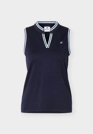 Tumesinine varrukateta topp, millel on valge ja helesinise triibuline ääris krae ja käiseeristel, rinnal väike valge südamekujuline logo.