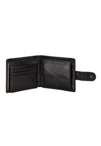 Portefeuille en cuir noir au design ouvert, comportant plusieurs emplacements pour cartes, une poche transparente pour l'identité et une fermeture à pression. Texture lisse, quincaillerie minimale.