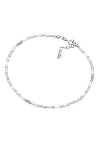 Többszínű gyöngy nyaklánc, kis üveggyöngyökből, pasztell árnyalatokban, ezüst kiegészítőkkel, és homár kapoccsal. Állítható hosszúságú.