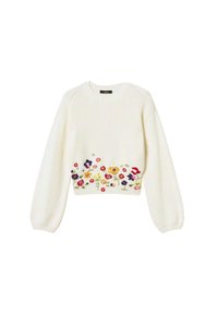 Maglione bianco lavorato a maglia con ricami floreali di diversi colori sull'orlo. Maniche lunghe con polsini a costine e scollatura rotonda.