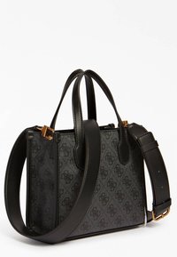 Sac à main en cuir noir au design texturé, avec deux poignées supérieures, une bandoulière amovible et des accents en métal doré.