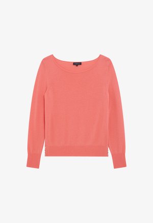 Koraliowy sweter z długimi rękawami, okrągłym dekoltem, prążkowanym wykończeniem i ozdobnymi guzikami z boku. Miękka dzianina o gładkiej fakturze.