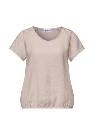 Blusa beige de manga corta con escote redondo y dobladillo elástico, hecha de tela ligera, con etiqueta "Street One."