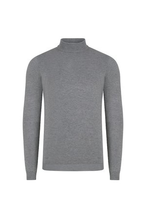 Szary, dopasowany sweter z golfem. Wykonany z miękkiej dzianiny, z długimi rękawami oraz ribbowanym kołnierzem i dołem. Gładka powierzchnia bez wzorów.