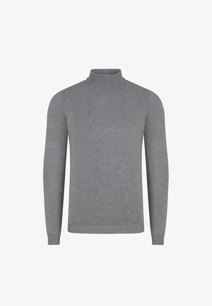 Szary, dopasowany sweter z golfem. Wykonany z miękkiej dzianiny, z długimi rękawami oraz ribbowanym kołnierzem i dołem. Gładka powierzchnia bez wzorów.