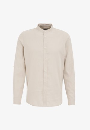 Jasno beżowa koszula z długim rękawem, z kołnierzykiem w stylu stójki, z zapięciem na guziki z przodu oraz miękką fakturą. Posiada mankiet zapinany na jeden guzik i minimalistyczny design.