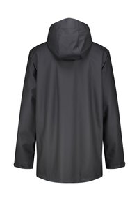 Waterproof black jacket with a hood, featuring a smooth texture, long sleeves, and buttoned cuffs. Minimalist design without additional accents.