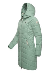Mintgrøn polstret frakke med tætsiddende design, hætte, skrå syninger, lynlåslommer og ribbede manchetter. Let og vandafvisende.