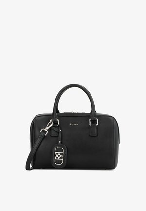 Čierna kožená kabelka s dvojitými hornými rúčkami, odnímateľným ramenným popruhom, striebornými kovovými súčiastkami a s logom na visačke. Hladký povrch, štruktúrovaný dizajn.